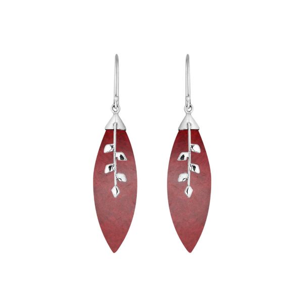 Sterling Silver Leaf Earrings With Red Coral