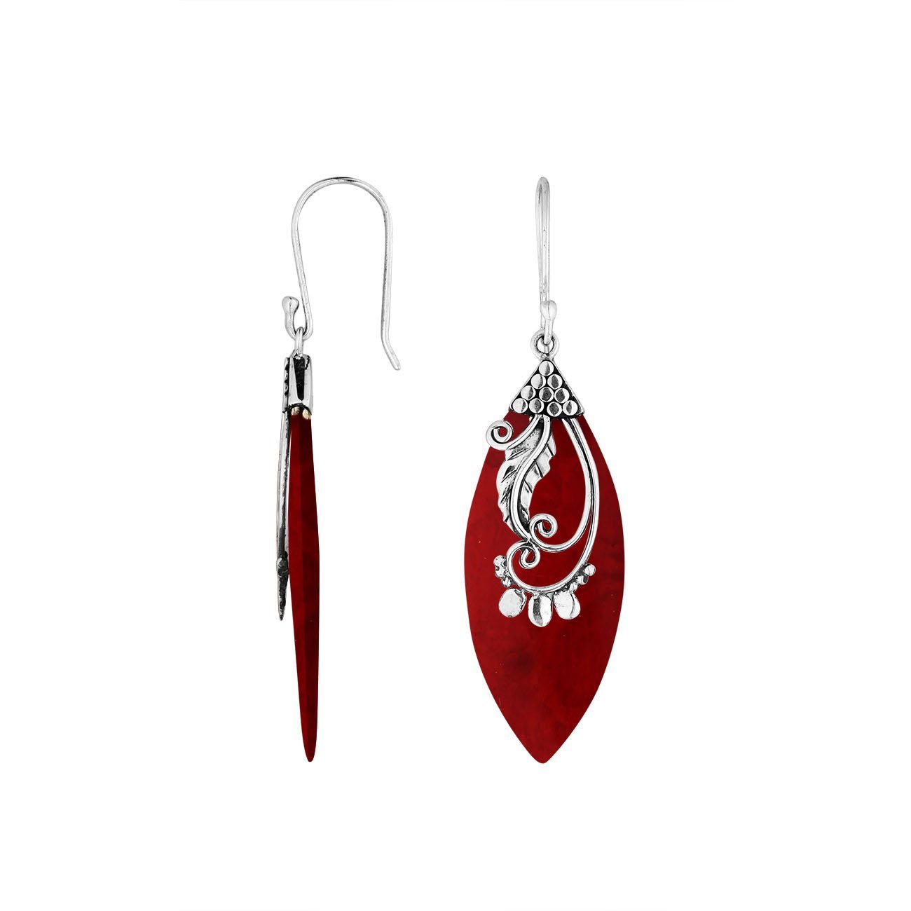 Sterling Silver Leaf Earrings With Red Coral
