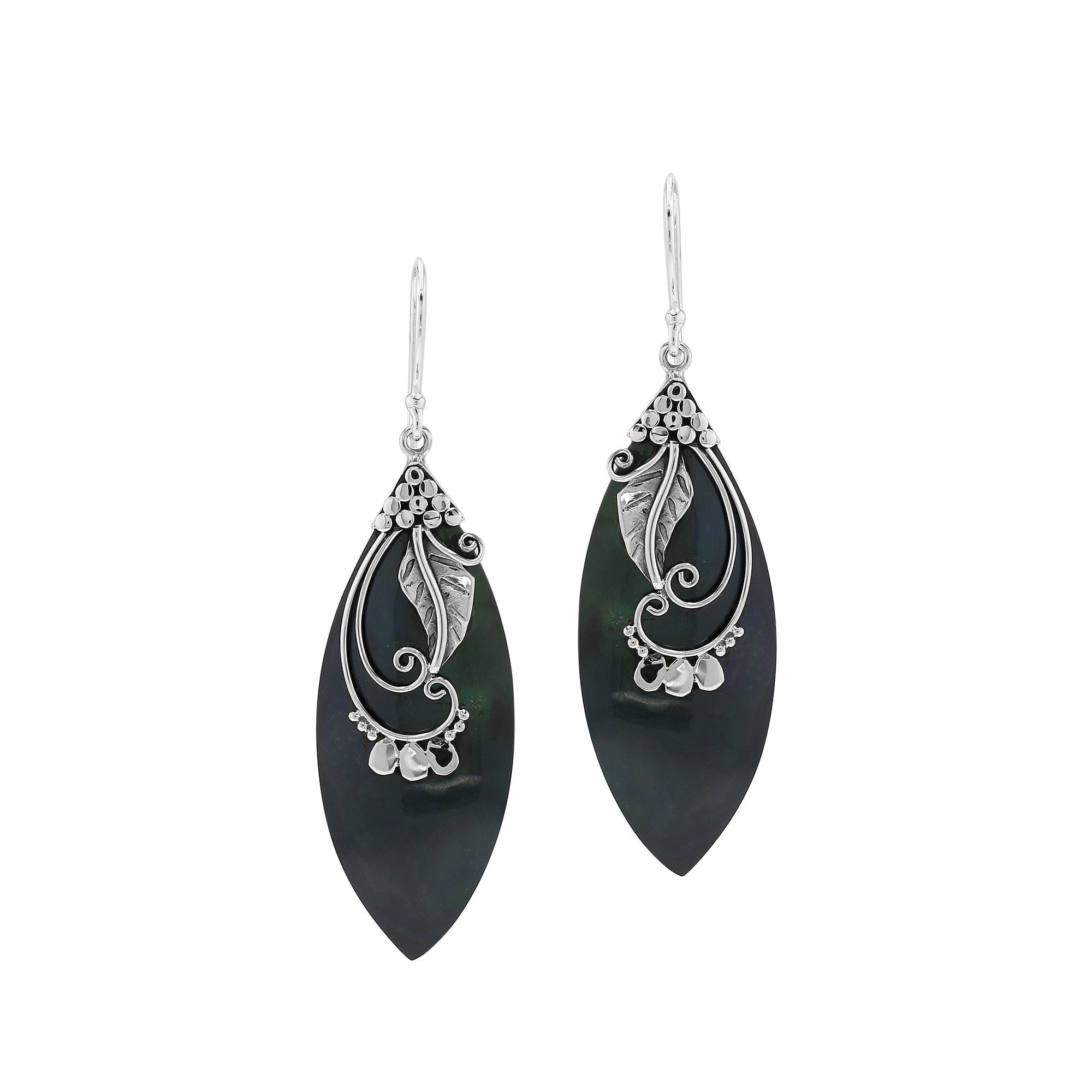 Sterling Silver Leaf Earrings With Black Shell