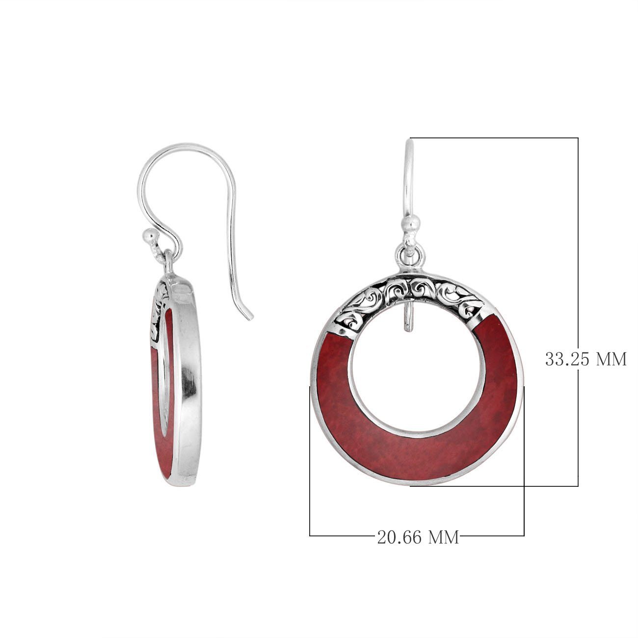 Sterling silver Red Coral round drop earrings with earwire lock
