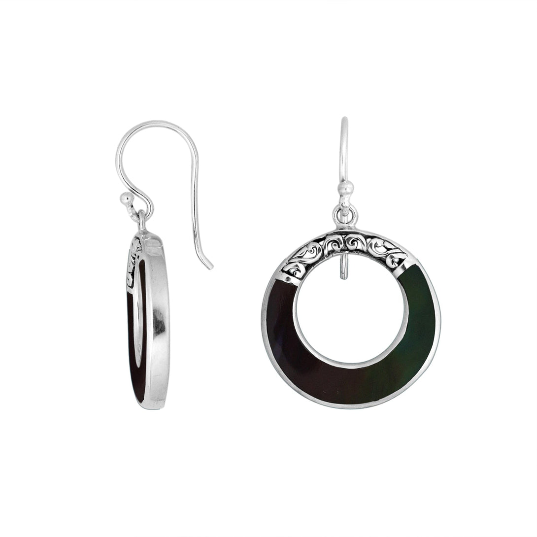 AE-1117-SHB Sterling Silver Round Shape Earring With Black Shell Jewelry Bali Designs Inc 