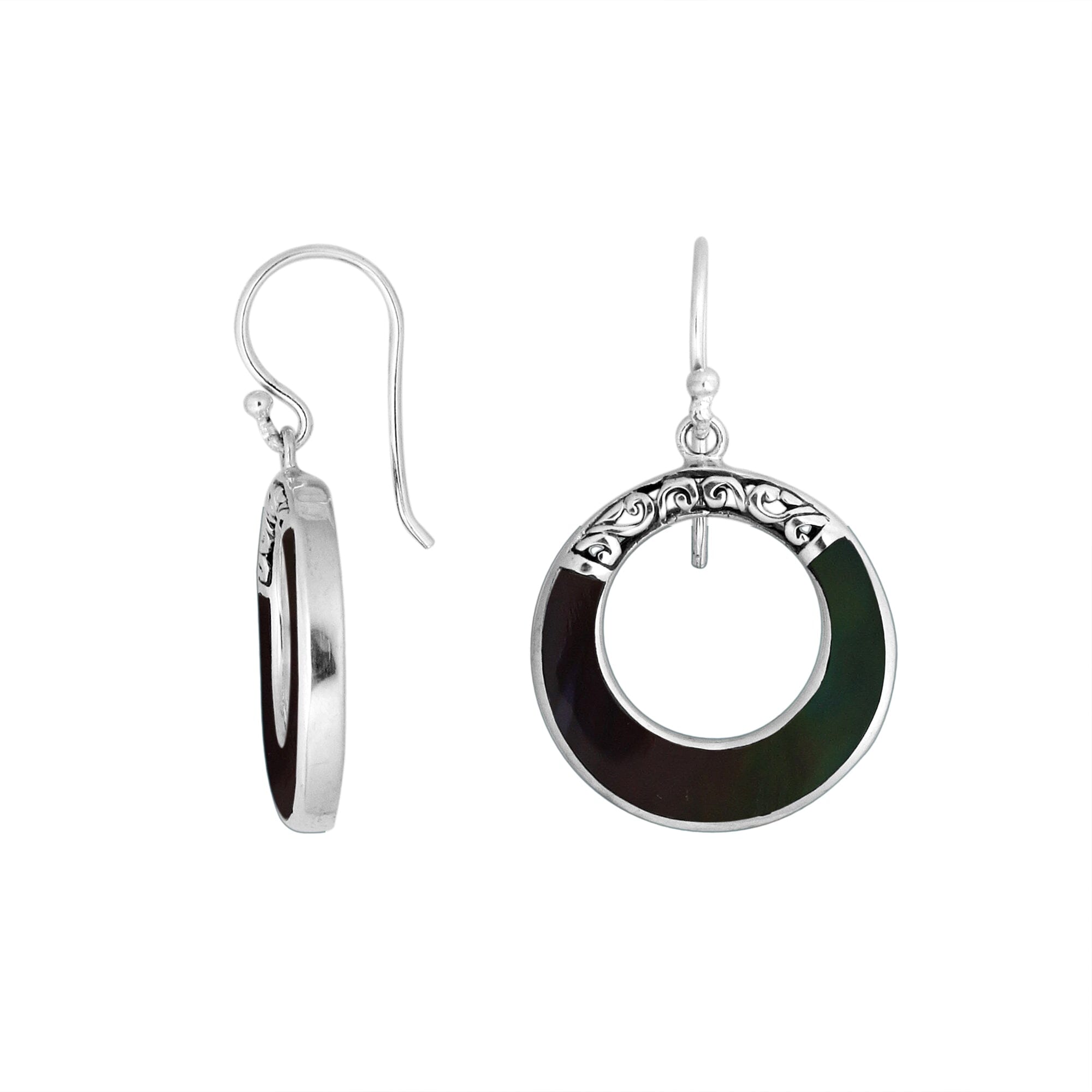 Sterling silver Black Shell round drop earrings with earwire lock