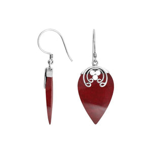 Sterling silver Red Coral fancy leaf drop earrings with earwire lock