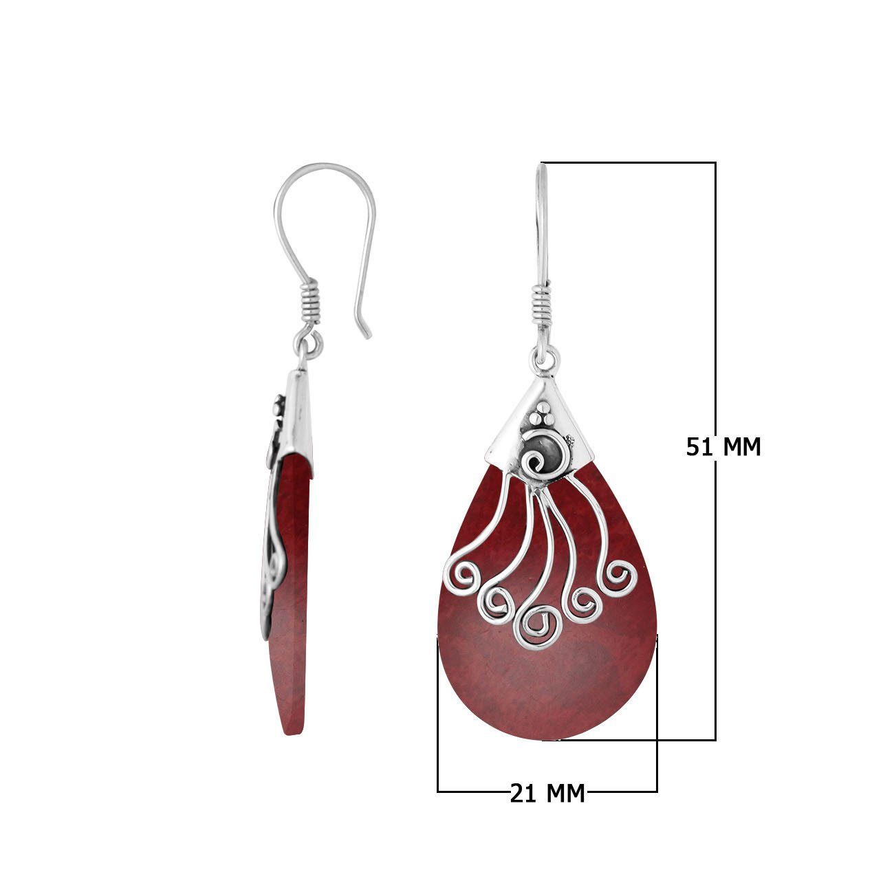 Sterling silver Red Coral long teardrop earrings with earwire lock