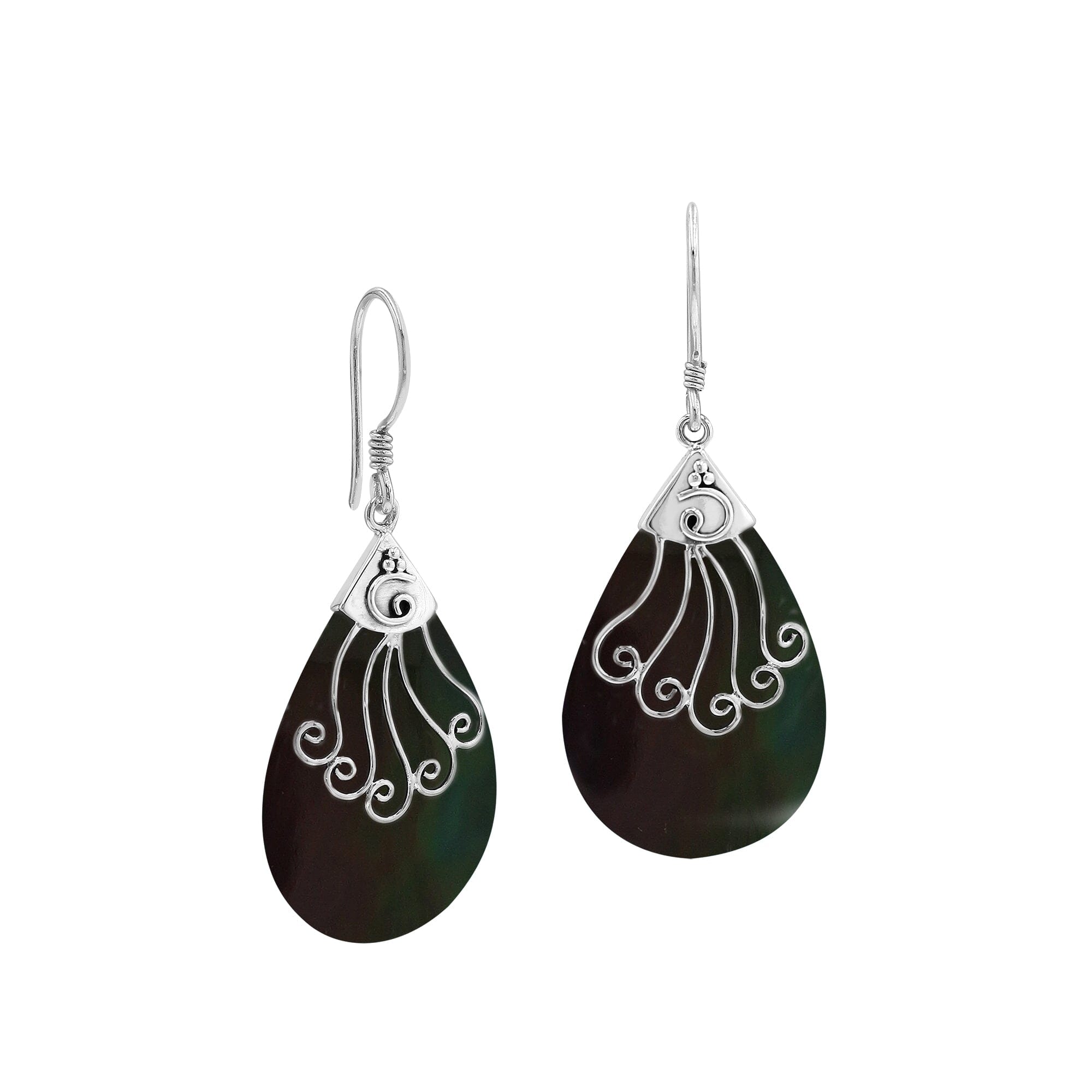 Sterling silver Black Shell long teardrop earrings with earwire lock