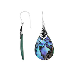 Abalone Shell teardrop silver earrings with ornate detailing