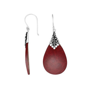 Red Coral teardrop silver earrings with ornate detailing