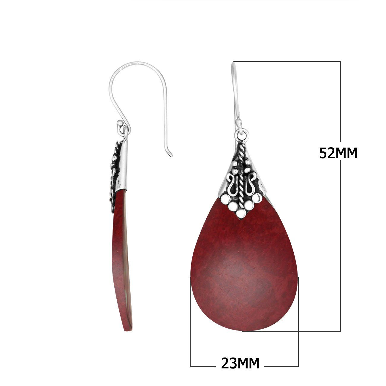 Red Coral teardrop silver earrings with ornate detailing