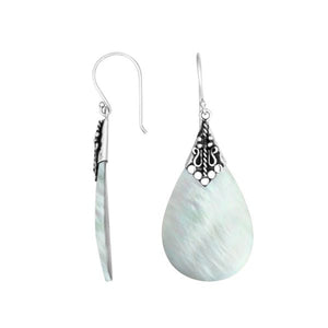 Mother Of Pearl teardrop silver earrings with ornate detailing
