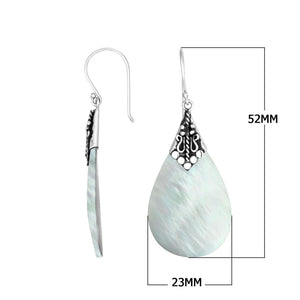 Mother Of Pearl teardrop silver earrings with ornate detailing