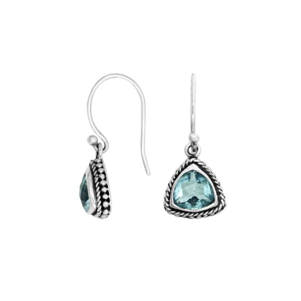 Blue Topaz Quartz triangle silver earrings with rope-pattern border