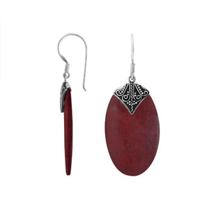 Red Coral oval silver earrings with scroll design