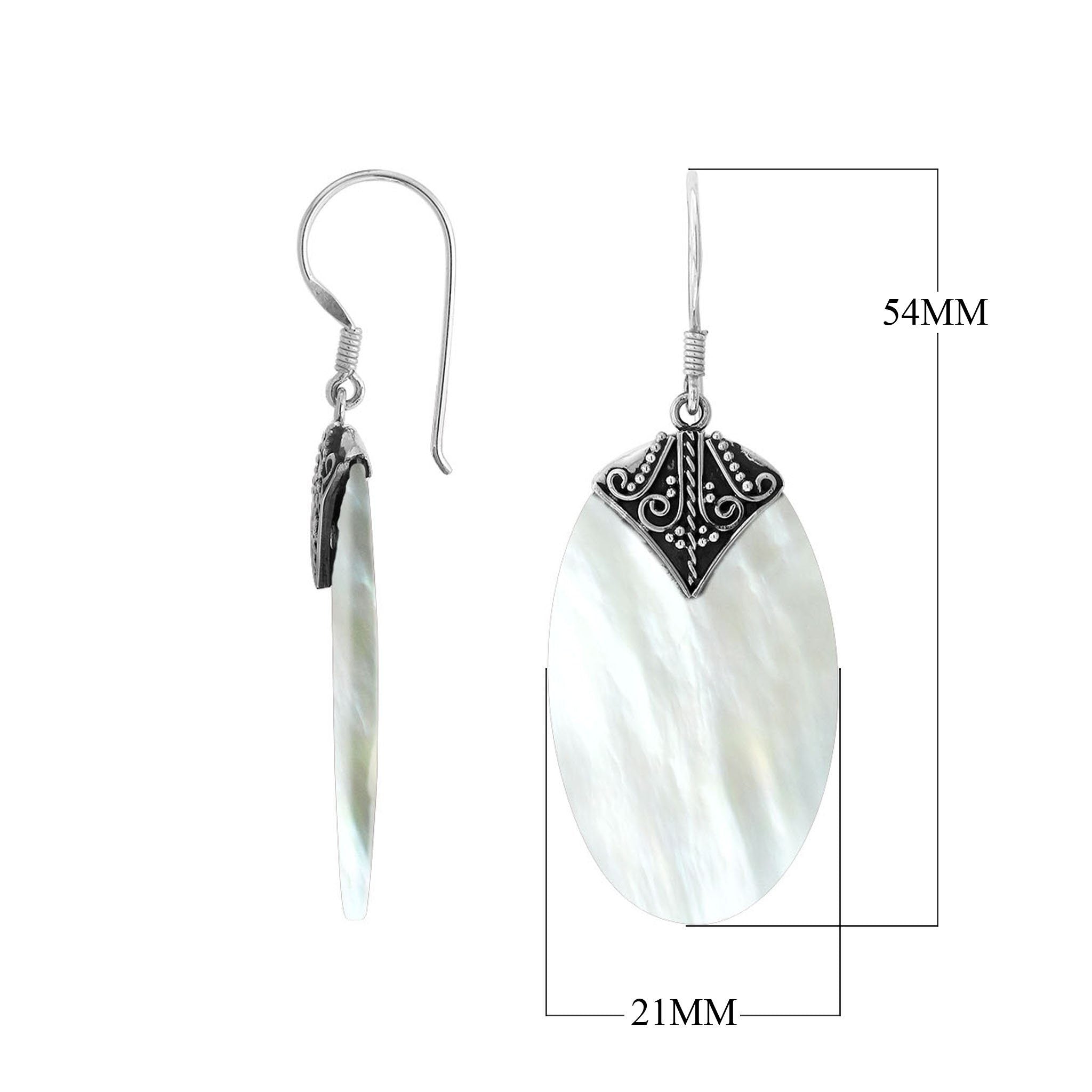 Mother Of Pearl oval silver earrings with scroll design