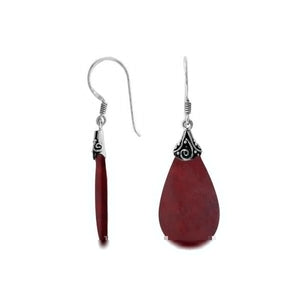 Red Coral teardrop silver earrings with swirl detailing