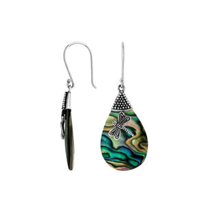 Abalone Shell teardrop silver earrings with dragonfly motif