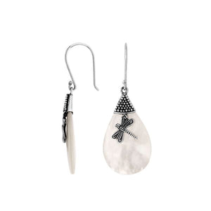 Mother Of Pearl teardrop silver earrings with dragonfly motif