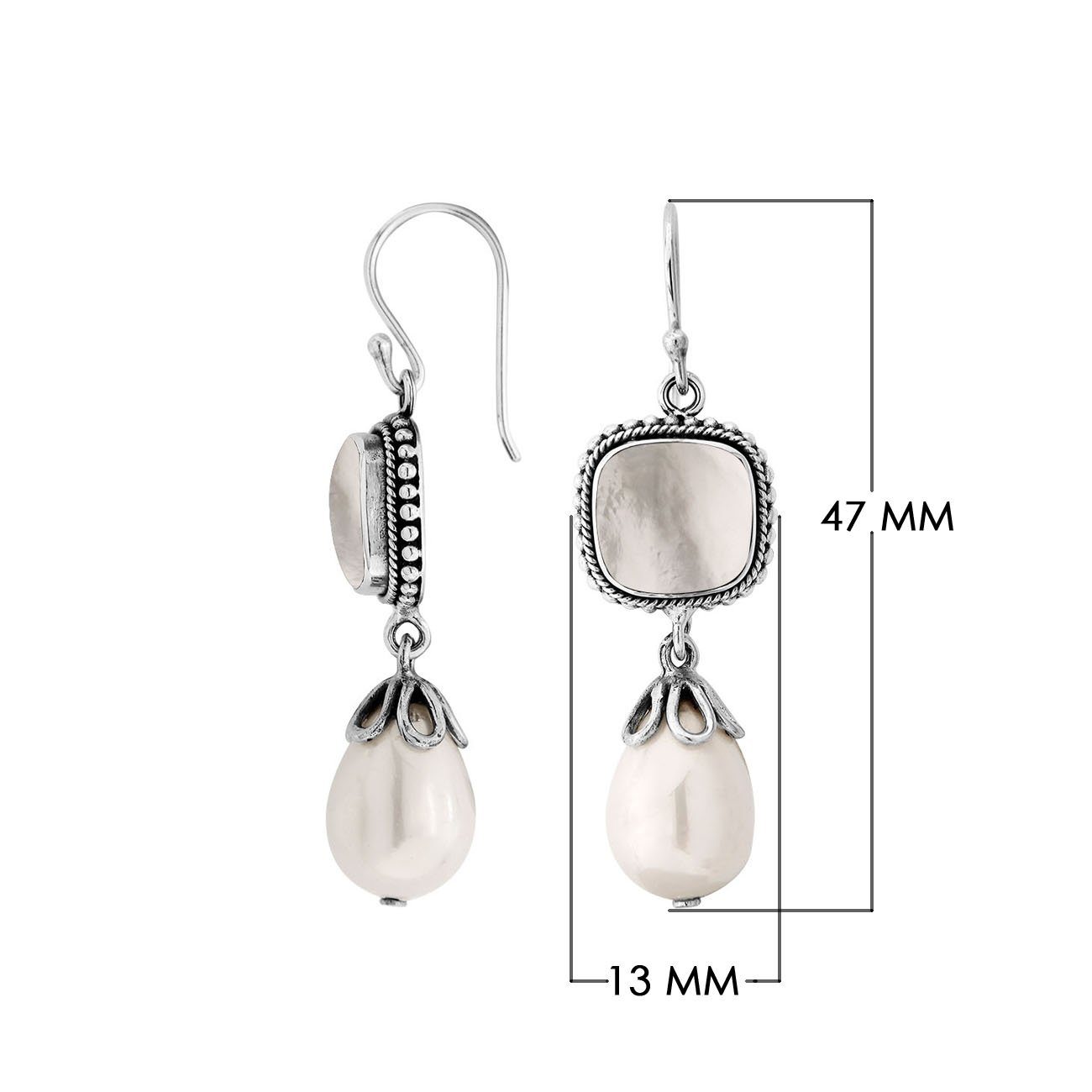 Sterling Silver Mother Of Pearl And Shell Pearl Drop Earrings With Earwire Lock