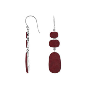 Silver Drop Earrings With Red Coral Geometric Design