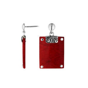 Red Coral Sterling Silver Rectangular Drop Push Back Earrings