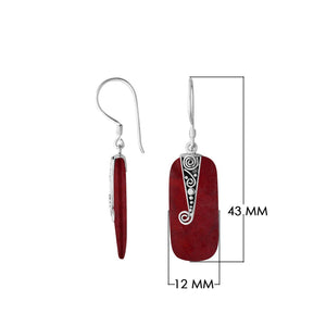 Red Coral Silver Rectangular Drop Earrings With Filigree