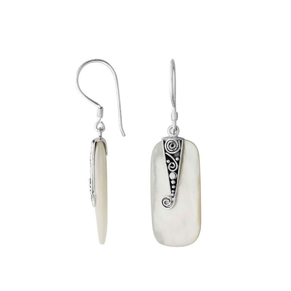 Mother Of Pearl Silver Rectangular Drop Earrings With Filigree
