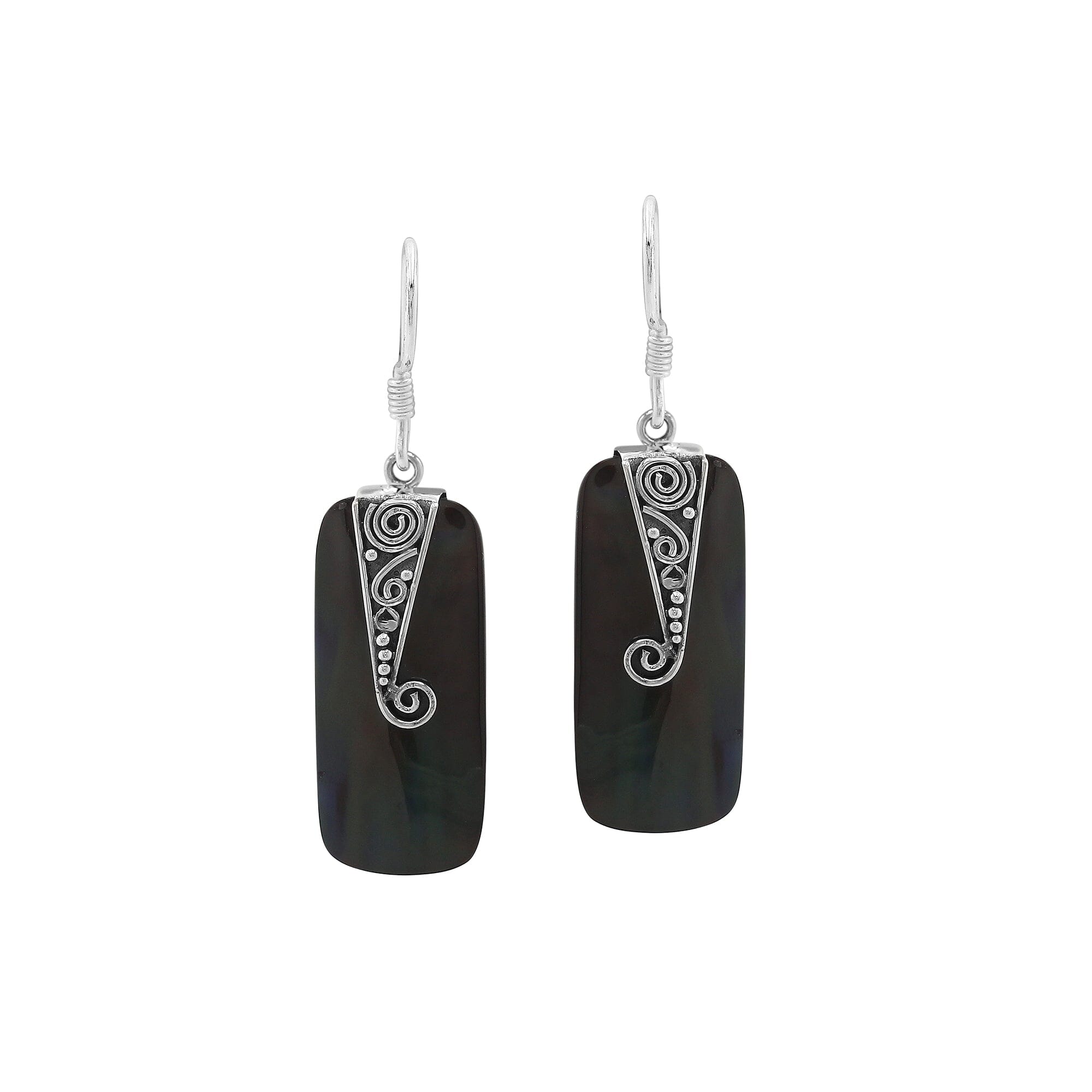 Black Shell Silver Rectangular Drop Earrings With Filigree