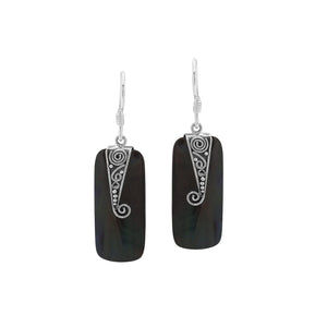 Black Shell Silver Rectangular Drop Earrings With Filigree