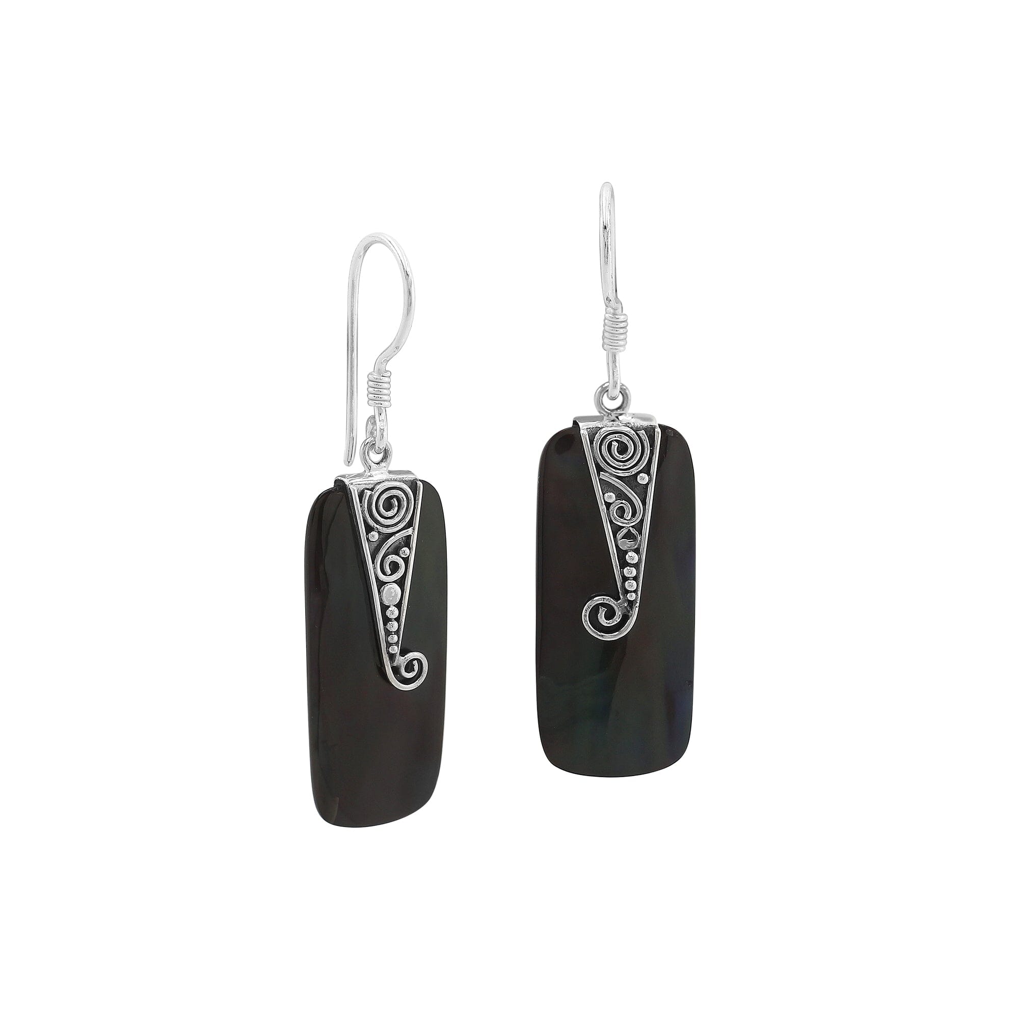 Black Shell Silver Rectangular Drop Earrings With Filigree