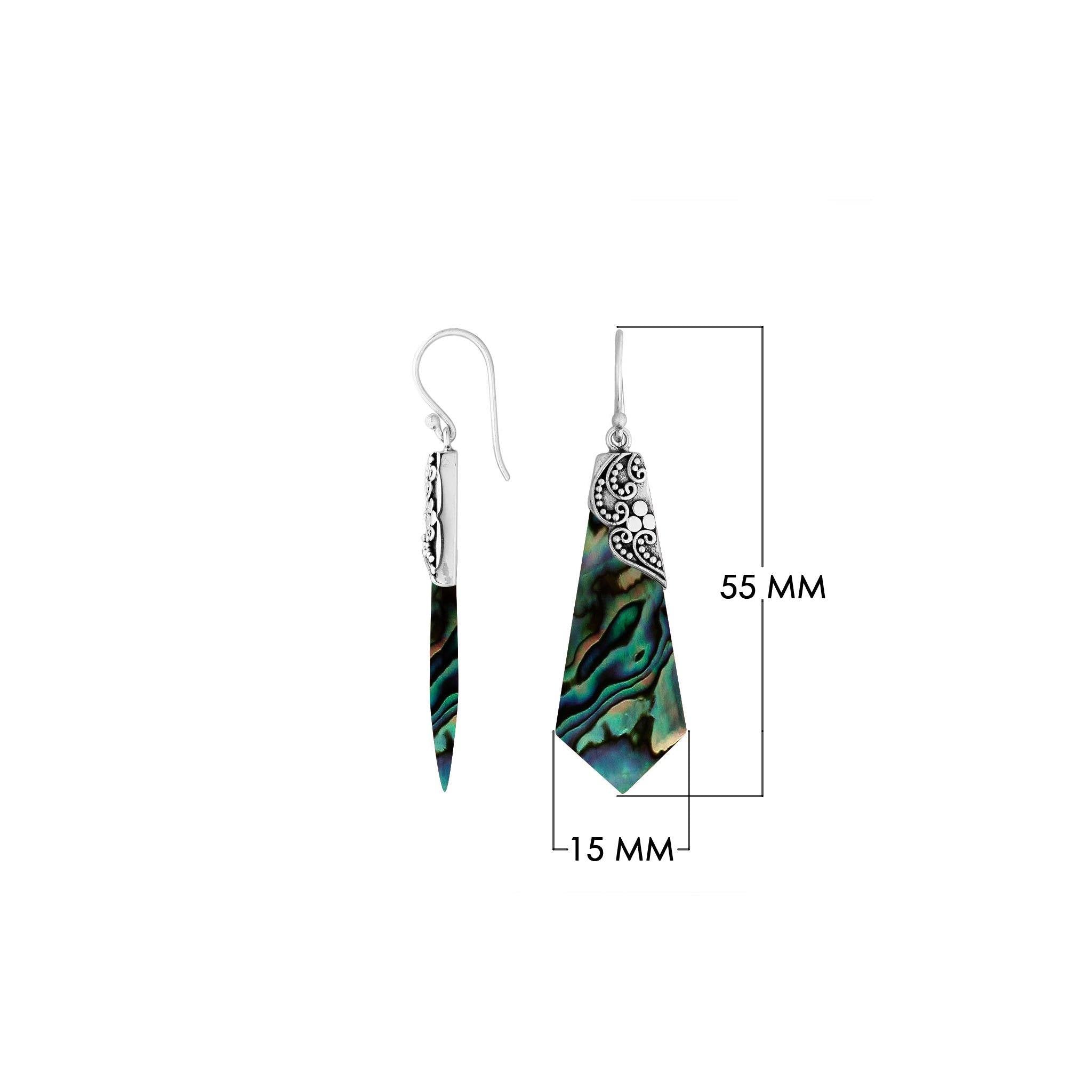 Abalone Shell Silver Geometric Drop Earrings With Filigree