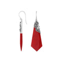 Red Coral Silver Geometric Drop Earrings With Filigree