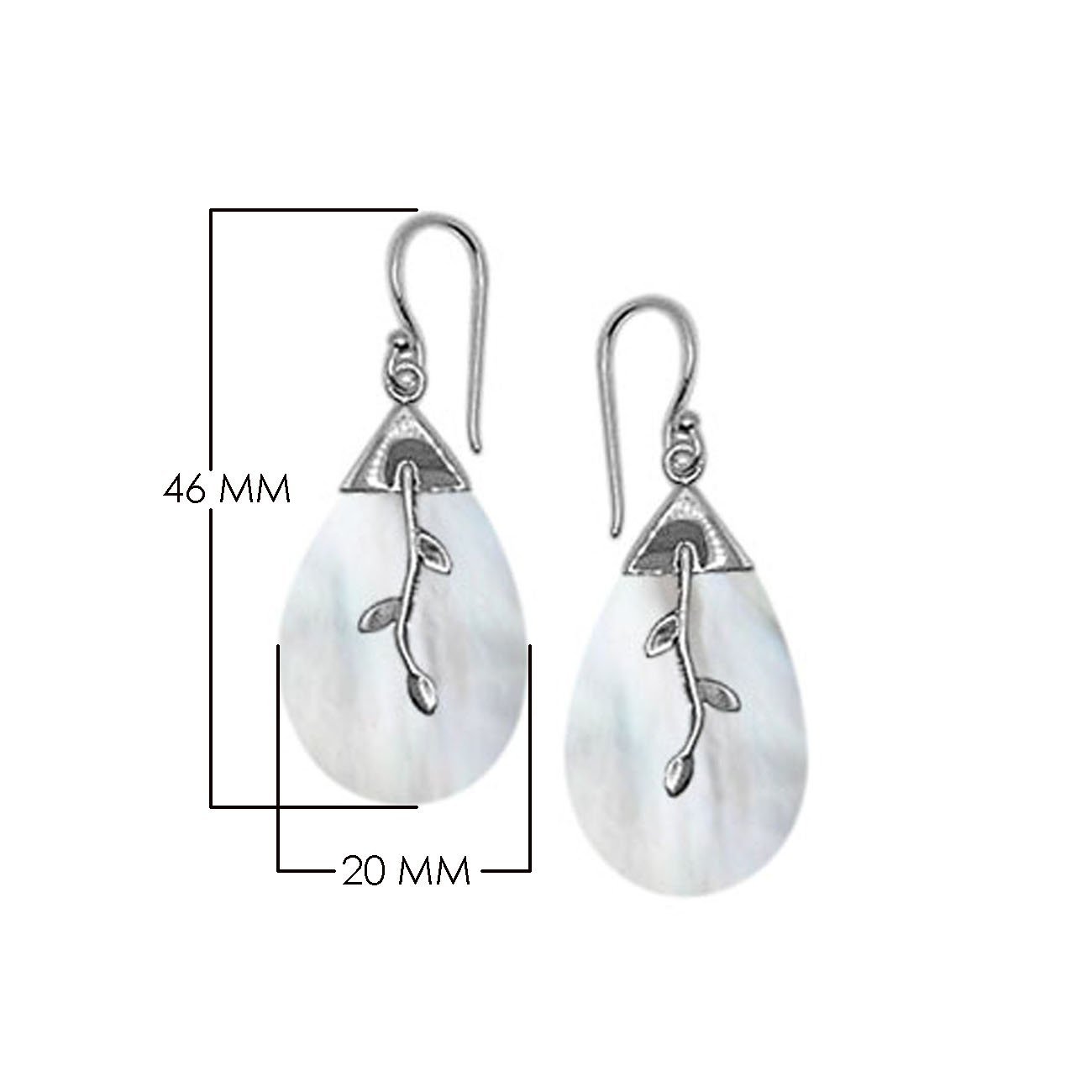 Mother Of Pearl Silver Teardrop Earrings With Vine Design