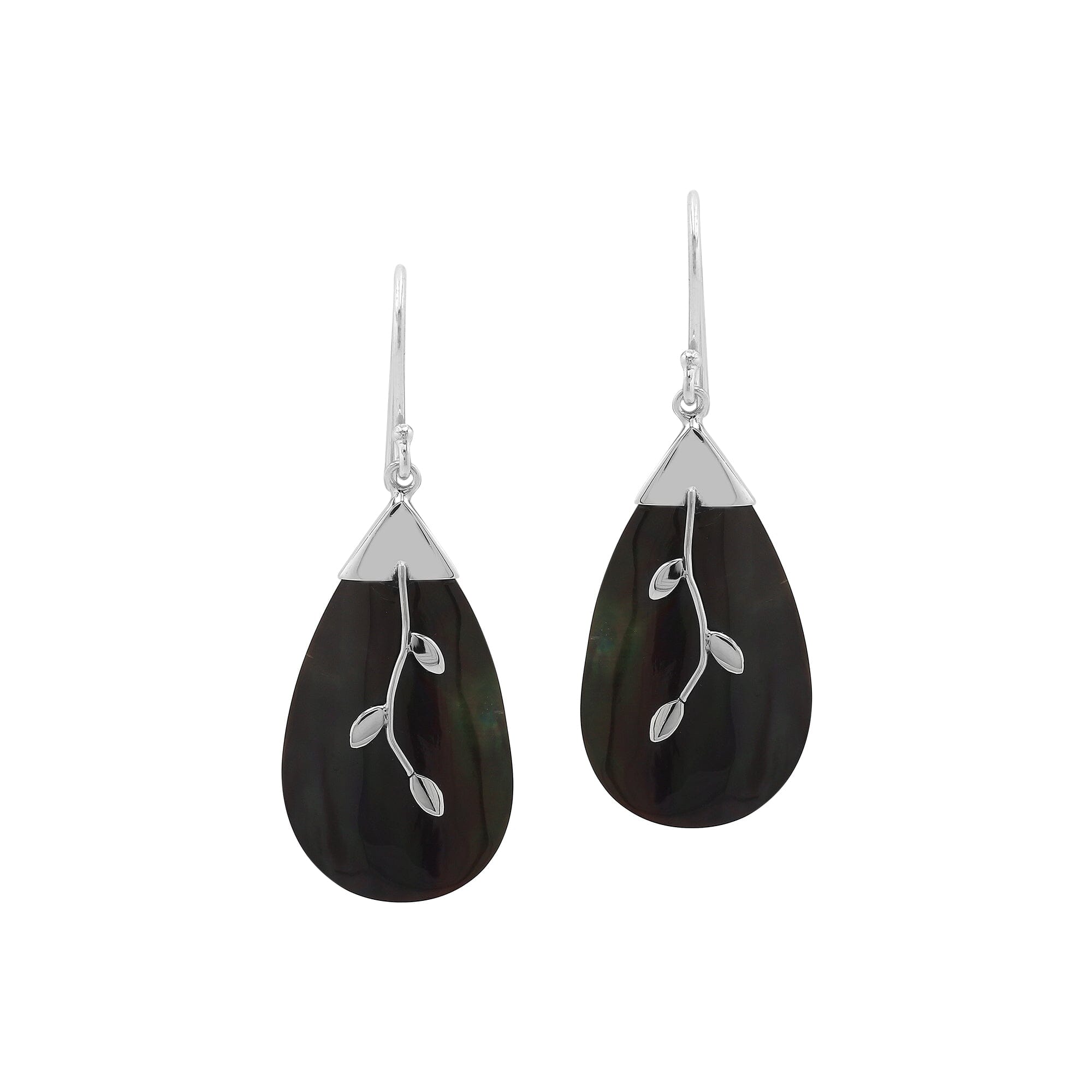 Black shell silver leaf motif dangle earrings