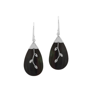 Black shell silver leaf motif dangle earrings