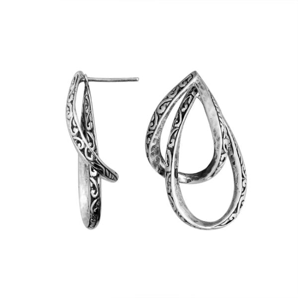 Silver engraved double loop dangle earrings