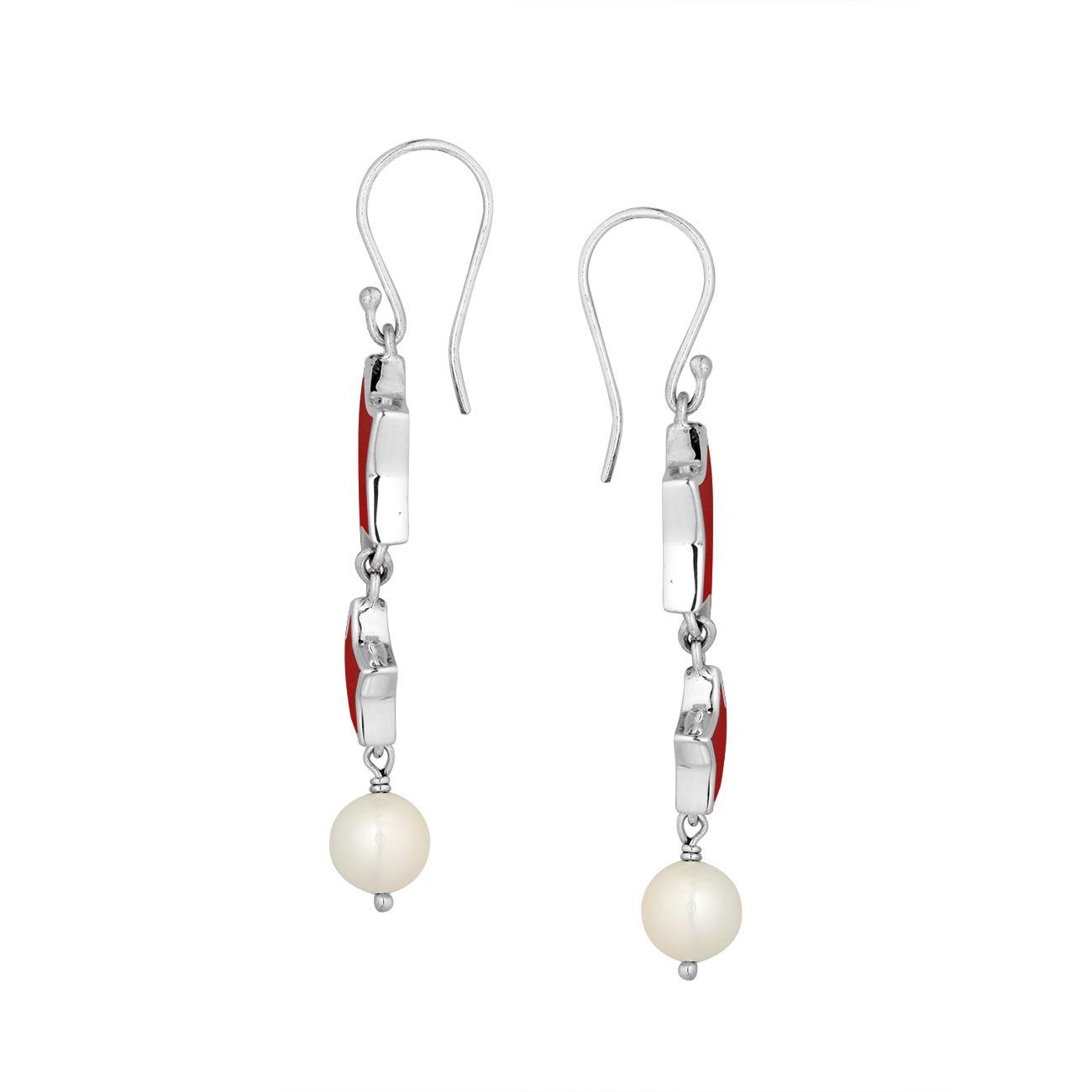 Red coral star earrings with pearl drop