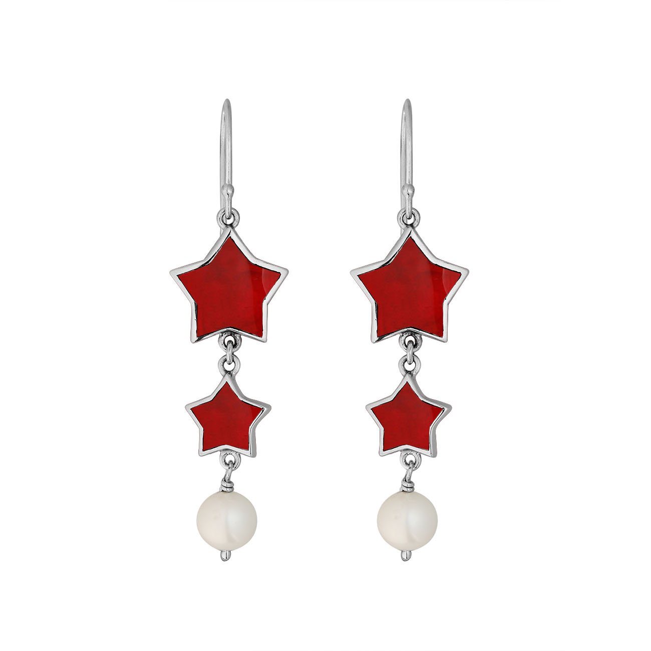 Red coral star earrings with pearl drop