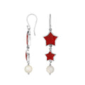Sterling silver drop earrings featuring graduated red coral star inlays, round pearl bead drops, polished silver borders, articulated connectors, and classic fishhook ear wires.