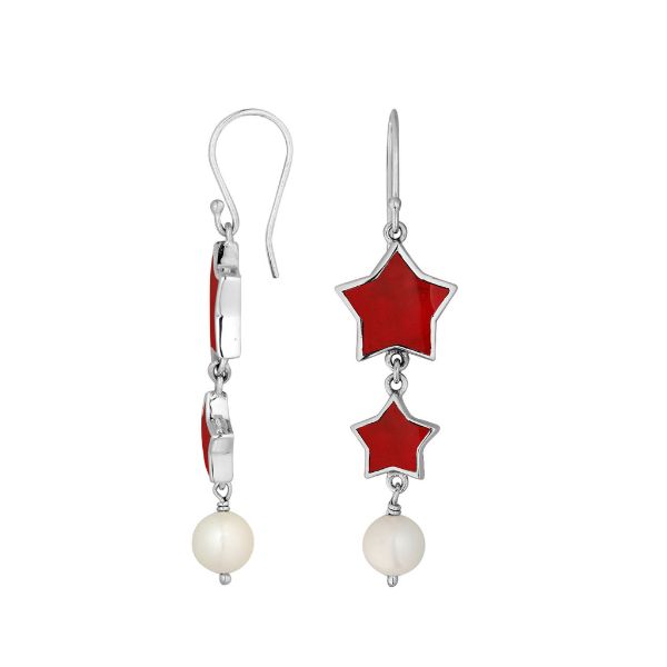 Red coral star earrings with pearl drop