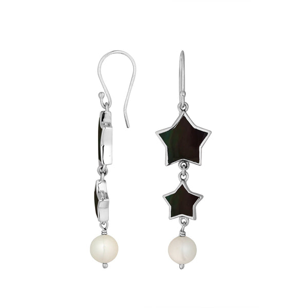 Black shell star earrings with pearl drop