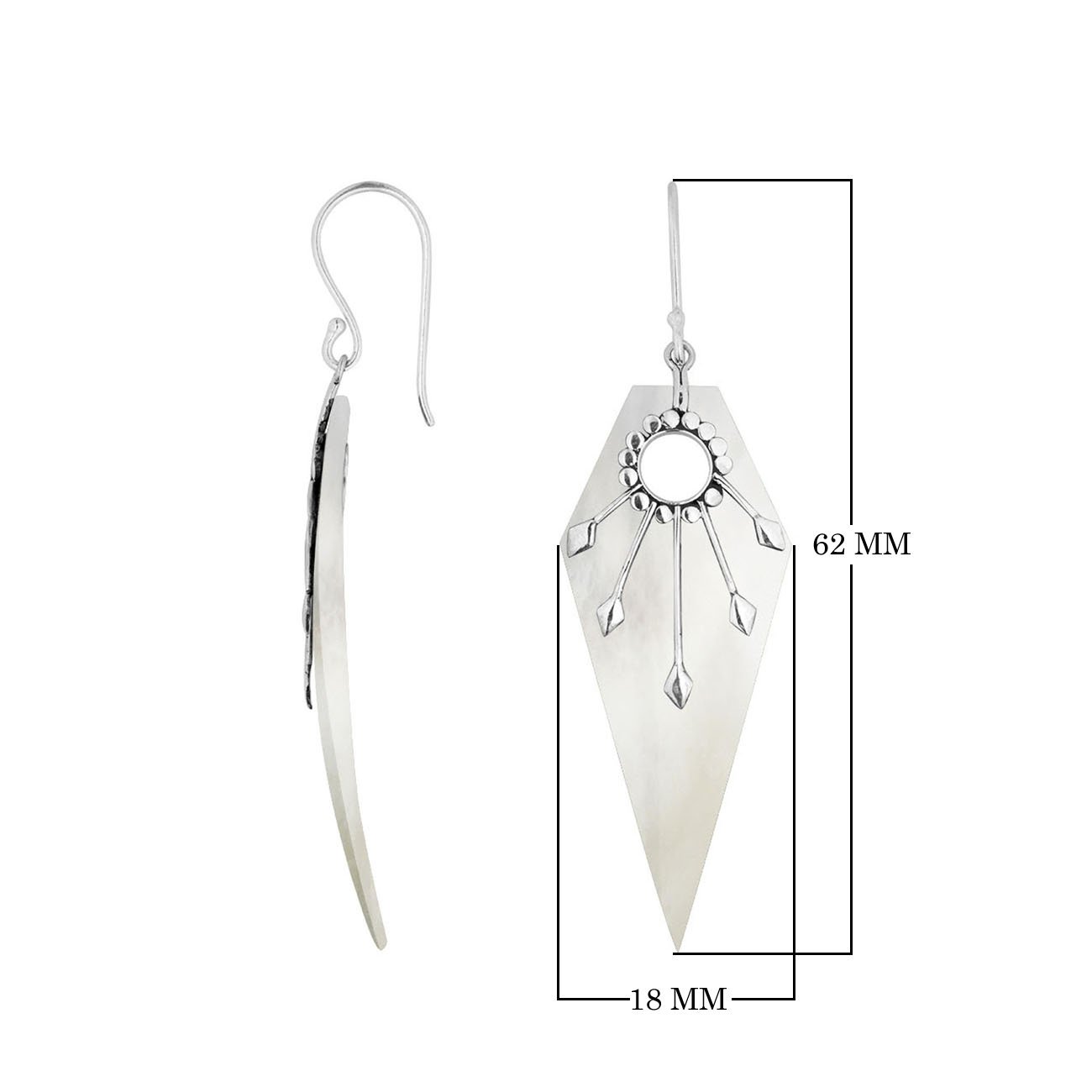 Mother Of Pearl sunburst silver shield earrings with earwire