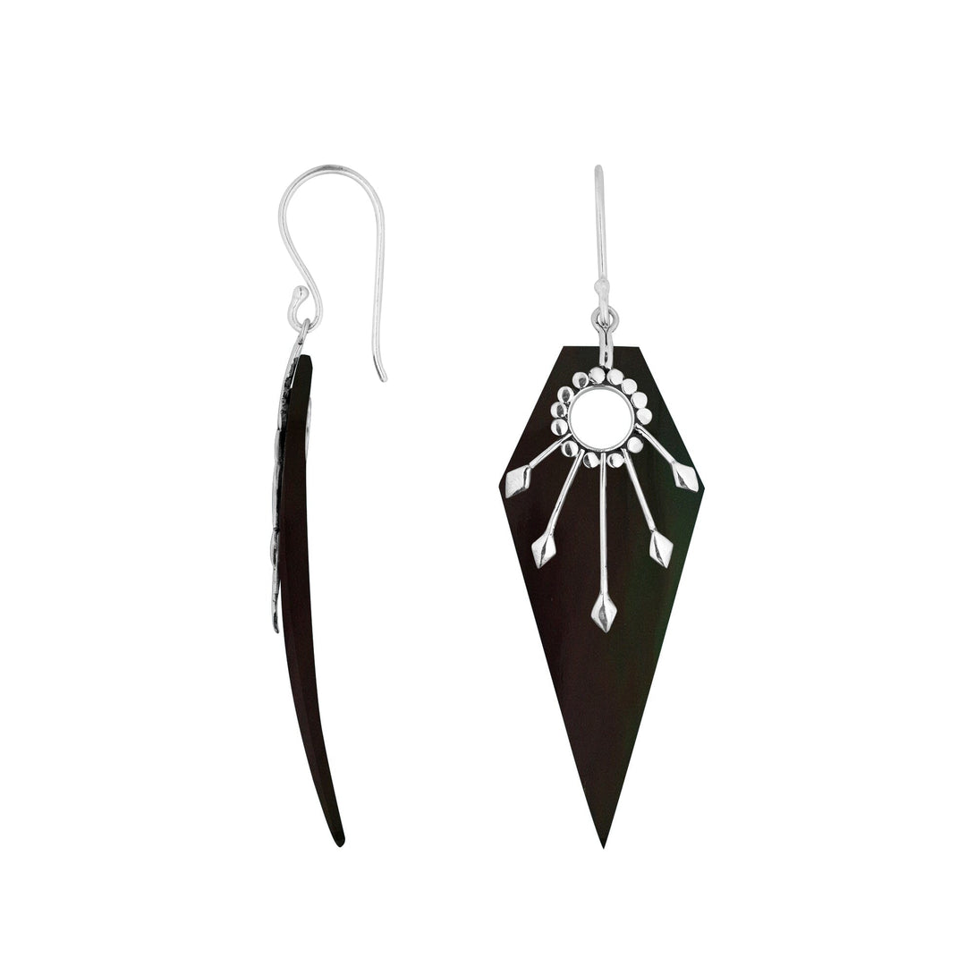Black Shell silver sunburst shield earrings with earwire