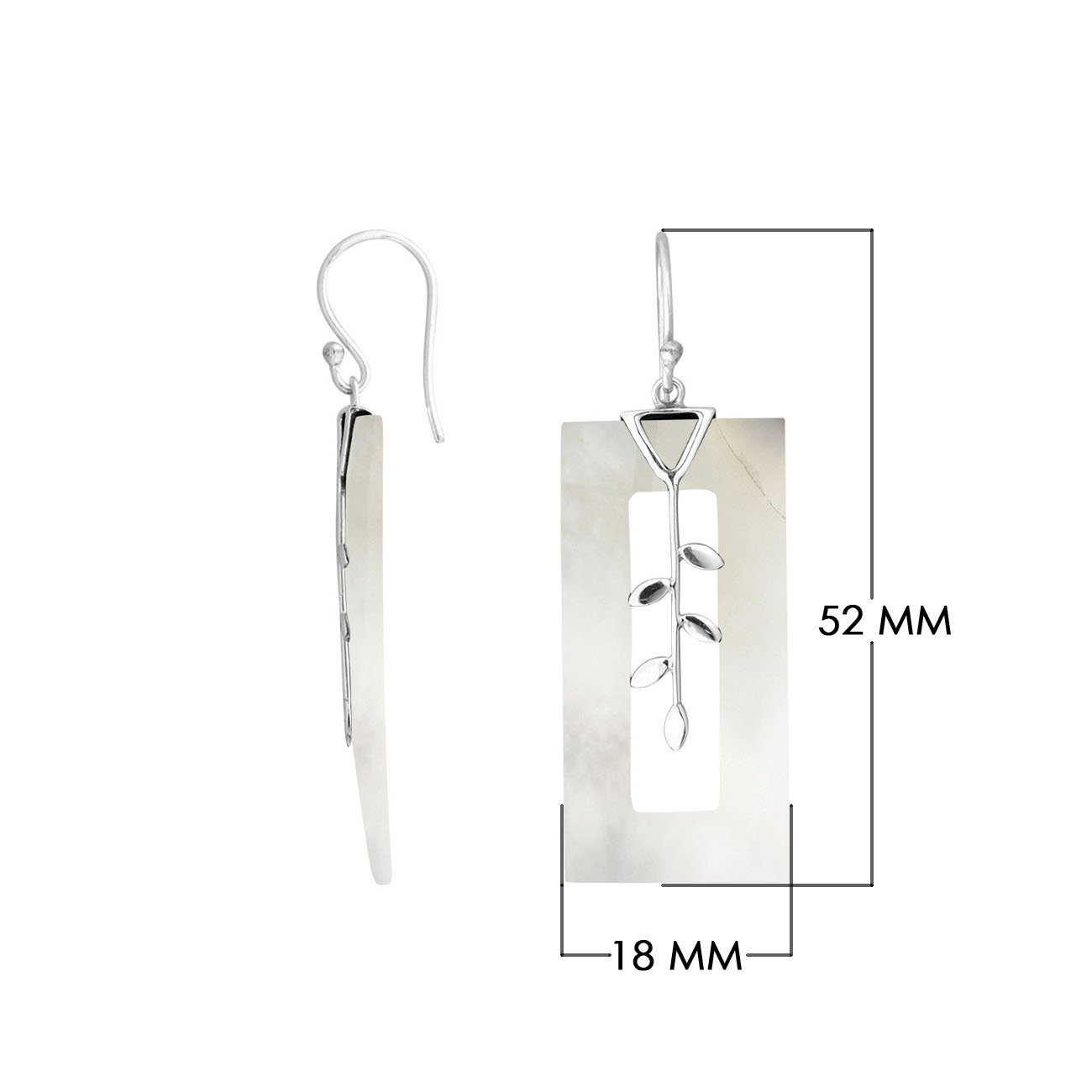 Sterling Silver Mother Of Pearl Rectangular Earrings With Leaf Vine Design And Earwire Lock For Wholesale Buyers