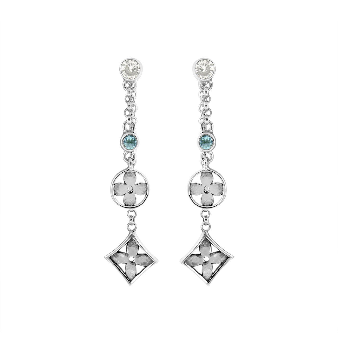 Sterling silver dangle earrings with Blue Topaz Quartz and Cubic Zirconia