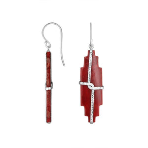 Red Coral sterling silver long textured bar earrings