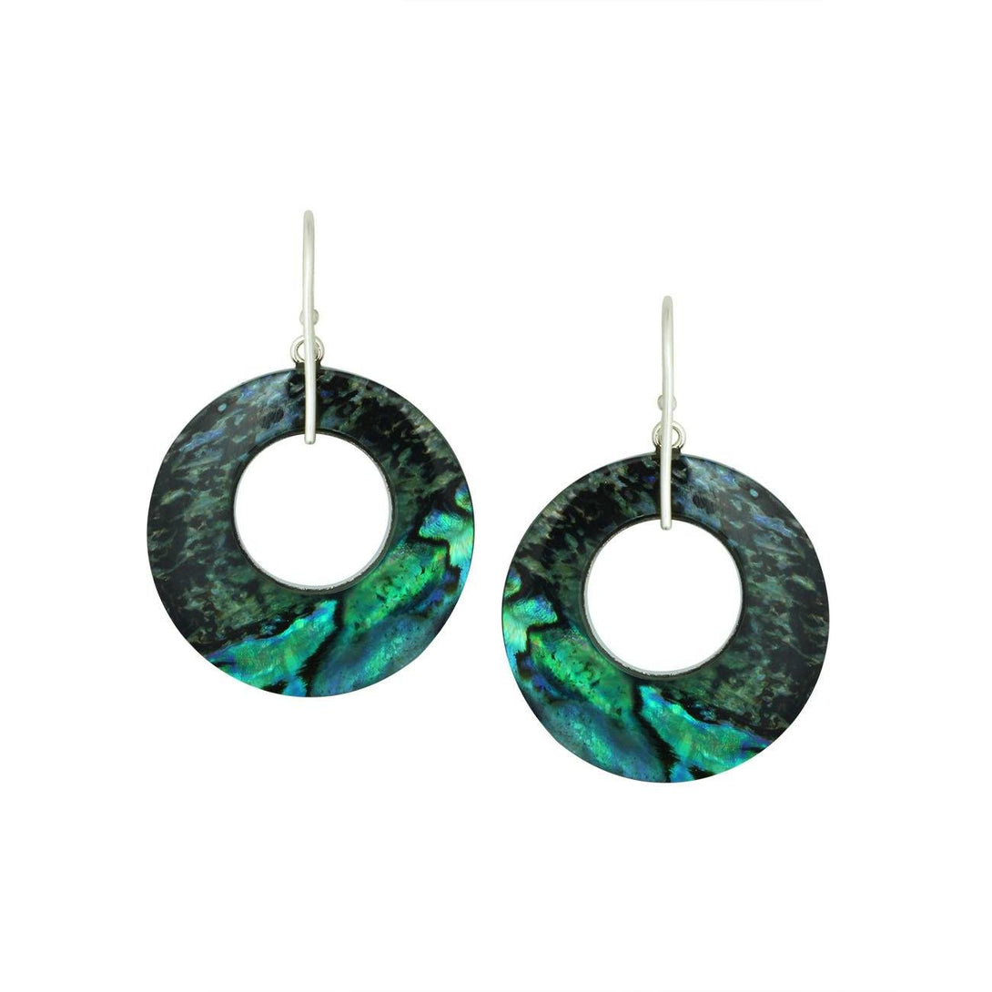 Round abalone shell earrings with silver filigree center