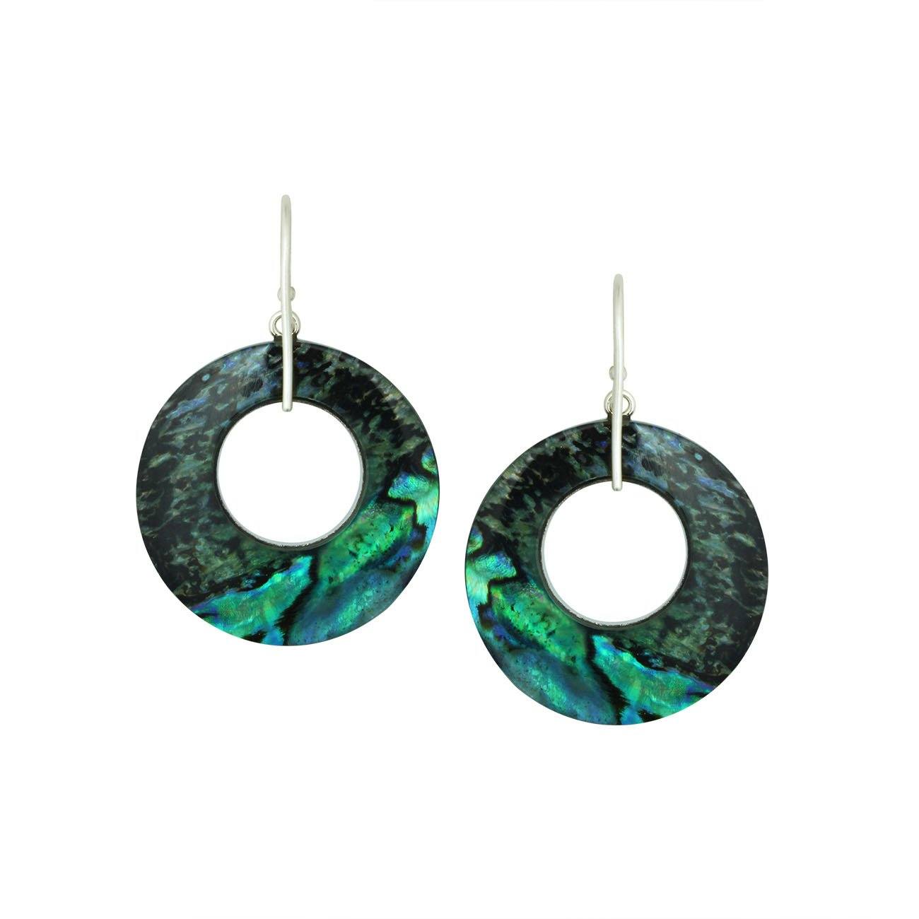 Round abalone shell earrings with silver filigree center