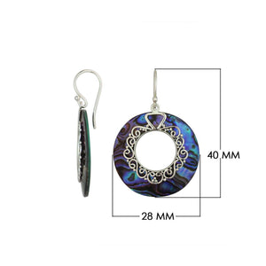 Round abalone shell earrings with silver filigree center