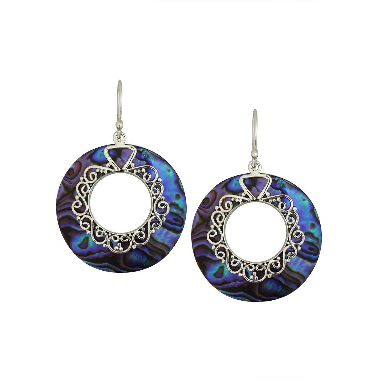 Round abalone shell earrings with silver filigree center