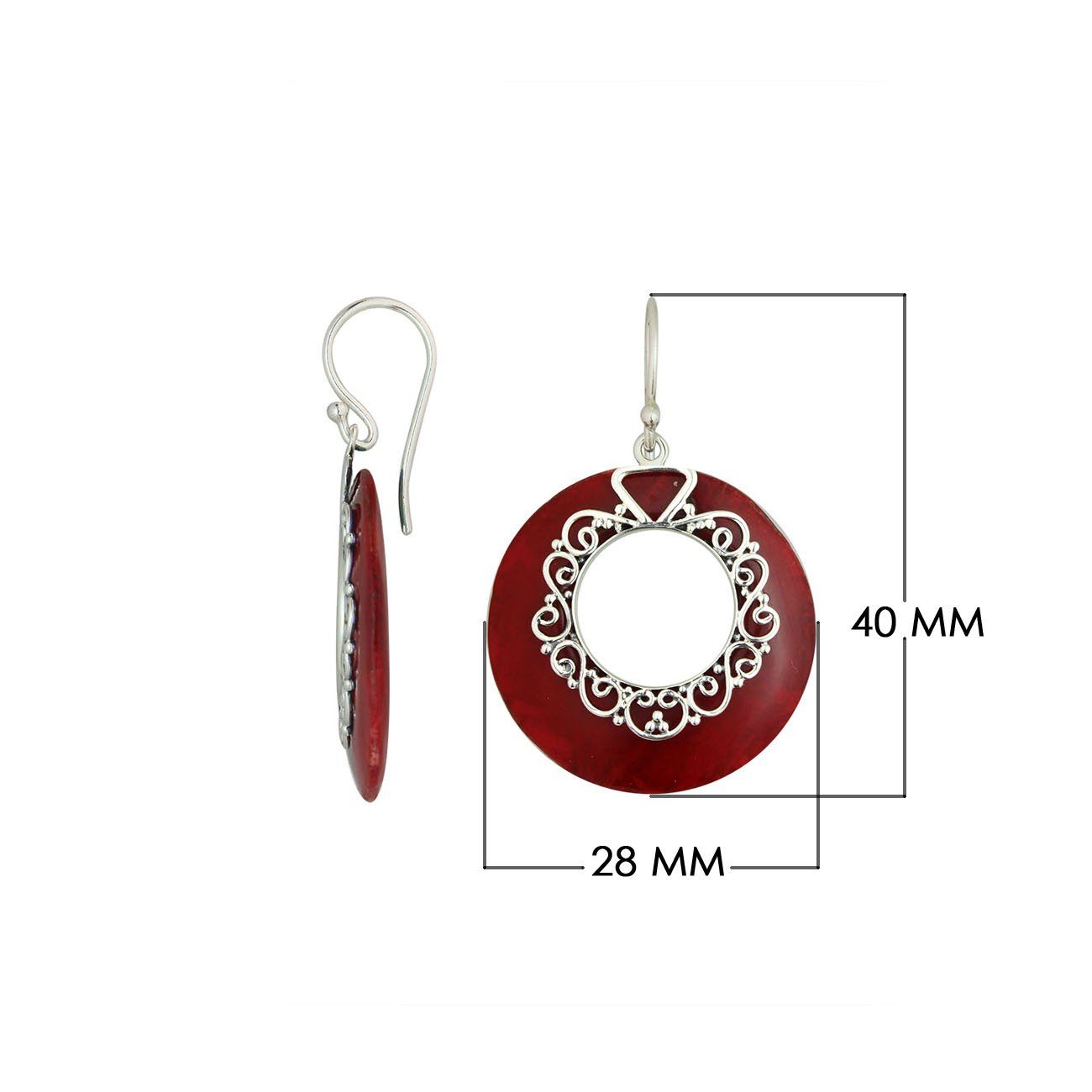 925 Sterling Silver Red Coral Filigree Round Earrings