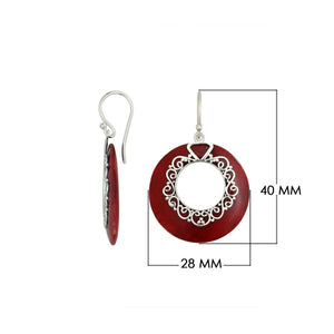 925 Sterling Silver Red Coral Filigree Round Earrings
